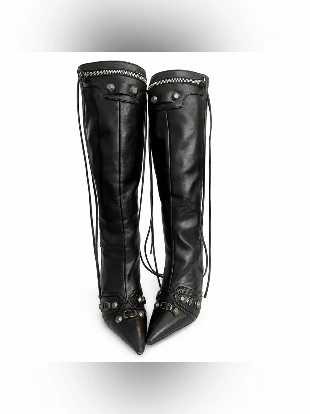 Black Faux Leather Knee-High Pointed Toe Boots